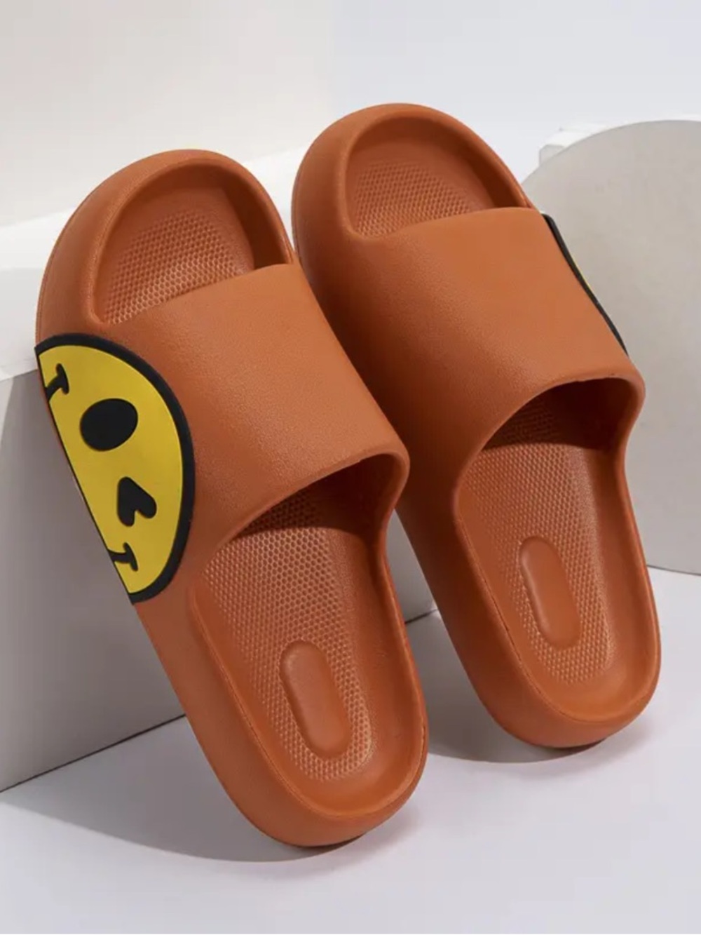 Orange Slide Sandals with Yellow Smiley Accent